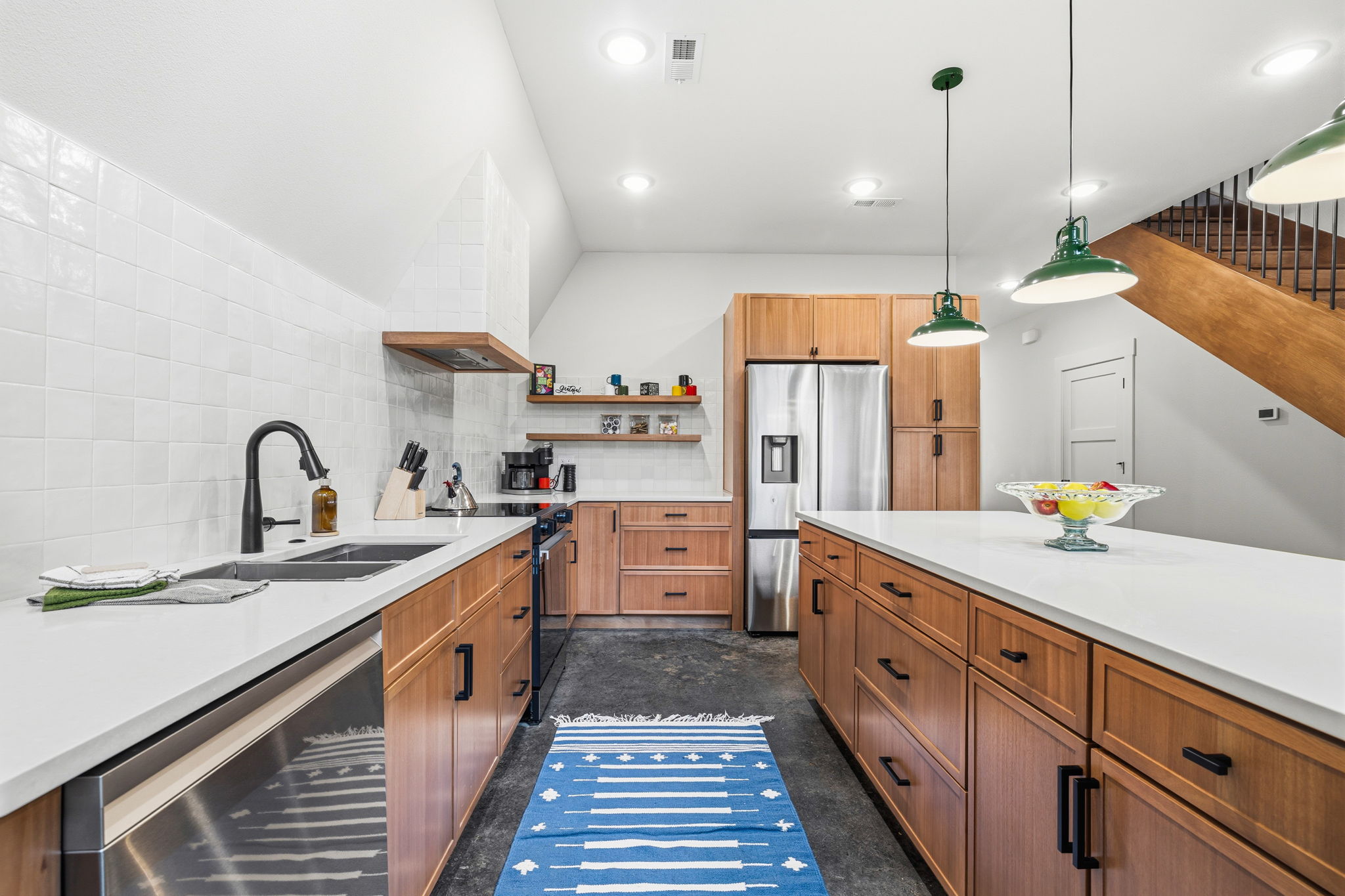 The kitchen with the dual Keurig coffee maker on the counter